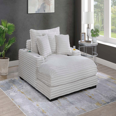 Chaise longue d'appoint moderne avec porte-gobelets 2 ports USB dans des bureaux élégants Couleur taupe Velours côtelé Pieds en bois Coussin moelleux Canapé