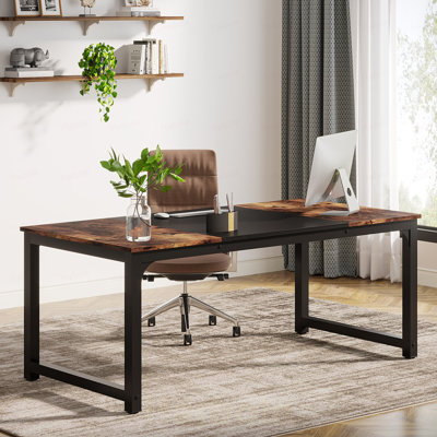 Bureau de direction 63 po, grand poste de travail d'ordinateur moderne avec structure en métal épais, mobilier de bureau pour la maison, finition brune et noire