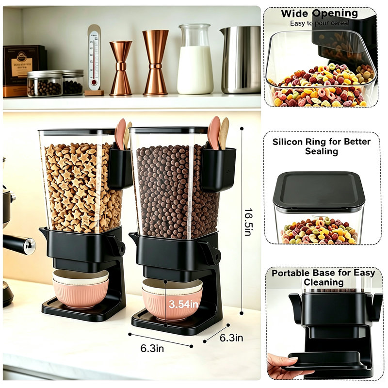 Ensemble de 2 contenants à céréales de 5,5 pintes pour comptoir, boîte de rangement étanche pour aliments secs avec 4 bols, 4 cuillères et 2 boîtes à ustensiles pour garde-manger, noir