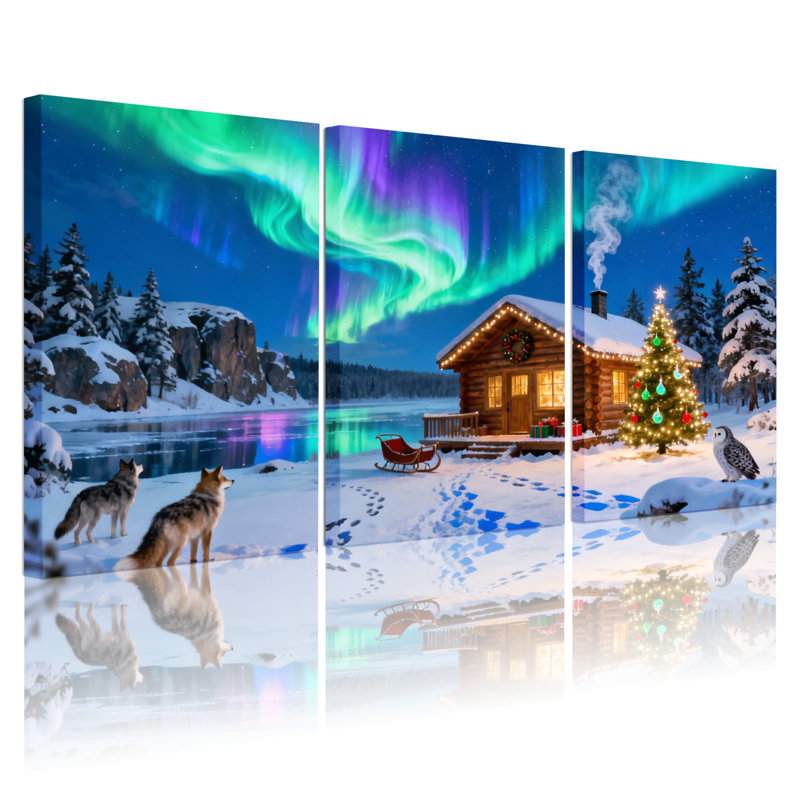 Ensemble de 3 reproductions d'art sur toile, hiboux de Noël, H 18 po x l 36 po