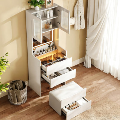 31 Vanity Table With 63.34 In Height, 19.21 Depth, 15.81 Width, 77.17 Lb Weight, Led Mirror, 5 Storage Spaces, White , Stool For Bedroom Stool,