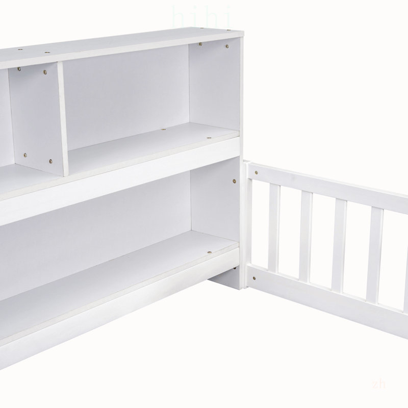 Lit simple sur pied avec bibliothèque multifonctionnelle, étagères et barrières de sécurité pour espaces de vie compacts