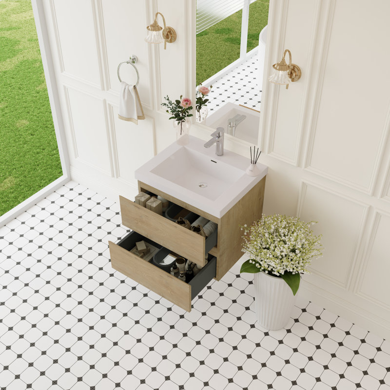 24" Floating Bathroom Vanity with Sink and Soft Close Drawers, Natural Oak