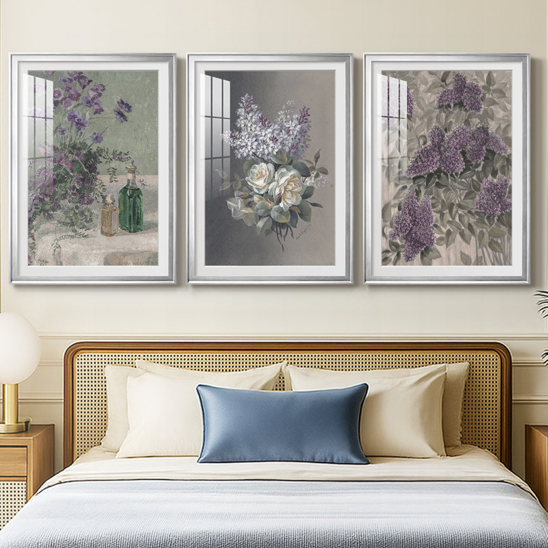Imprimé floral rétro CCLxxi - impression encadrée sur mesure de qualité supérieure - 3 pièces, Argent argent