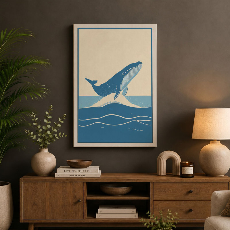 Breaching Whale Coastal - Wrapped Canvas, 30x20 - 76.2 x 50.8 cm, Cream Border
