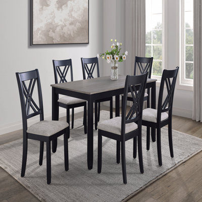 7-Pc Dining Table Set Light Black Gray Rectangular Table Grey Upholstered Dining Chairs