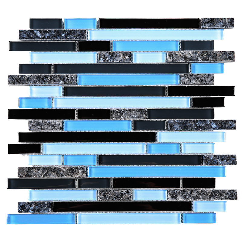 Natural 11.82 in. x 12.01 in. Interlocking Glossy Glass Mosaic Tile, Black/Blue