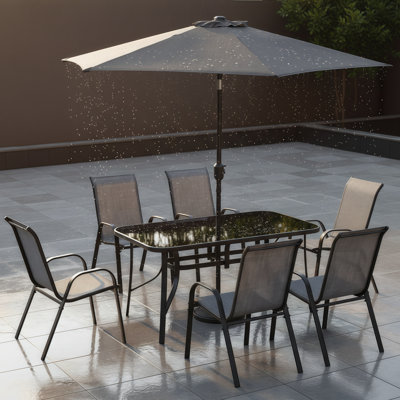 Ensemble repas de patio chic 8 pièces avec parasol inclinable | Table et chaises d'extérieur toutes saisons en aluminium et en verre trempé