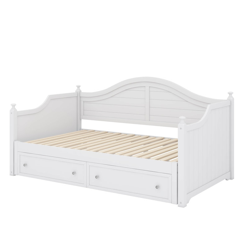 Canapé-lit simple en bois avec lit gigogne escamotable et tiroirs de rangement pratiques, Blanc