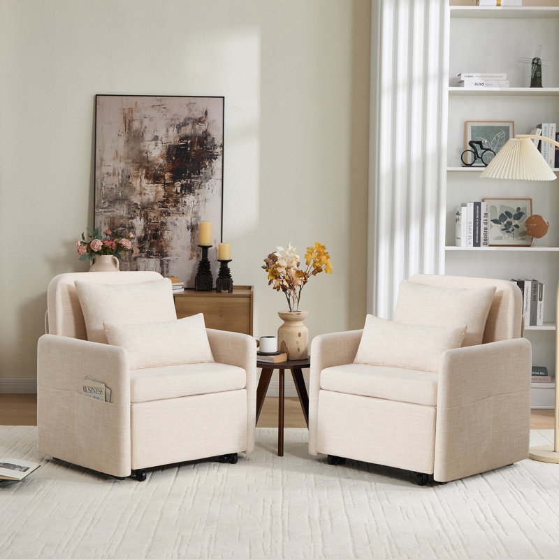  Fauteuil convertible 3-en-1 en lin 87 po avec dossier réglable et sac de rangement, Lin beige