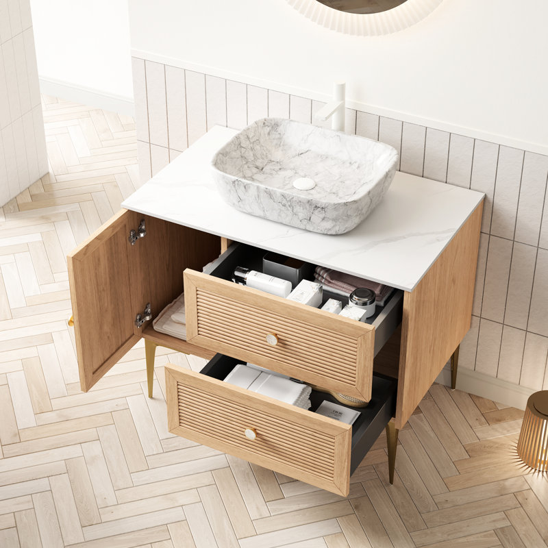 Meuble-lavabo autoportant avec pieds 36 po, chêne, comptoir en pierre frittée blanche, lavabo rectangulaire en céramique