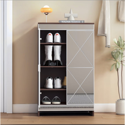 Elegant Decor Mirrored Cabinet With Silver Edging,Mirrored Cabinet With Double Door Storage,Shoe Storage Cabinet For Entryway,Glass