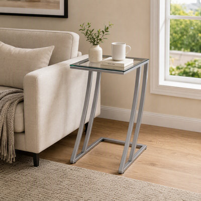 C-Shaped Tempered Glass And Grey Metal Side End Snack Table