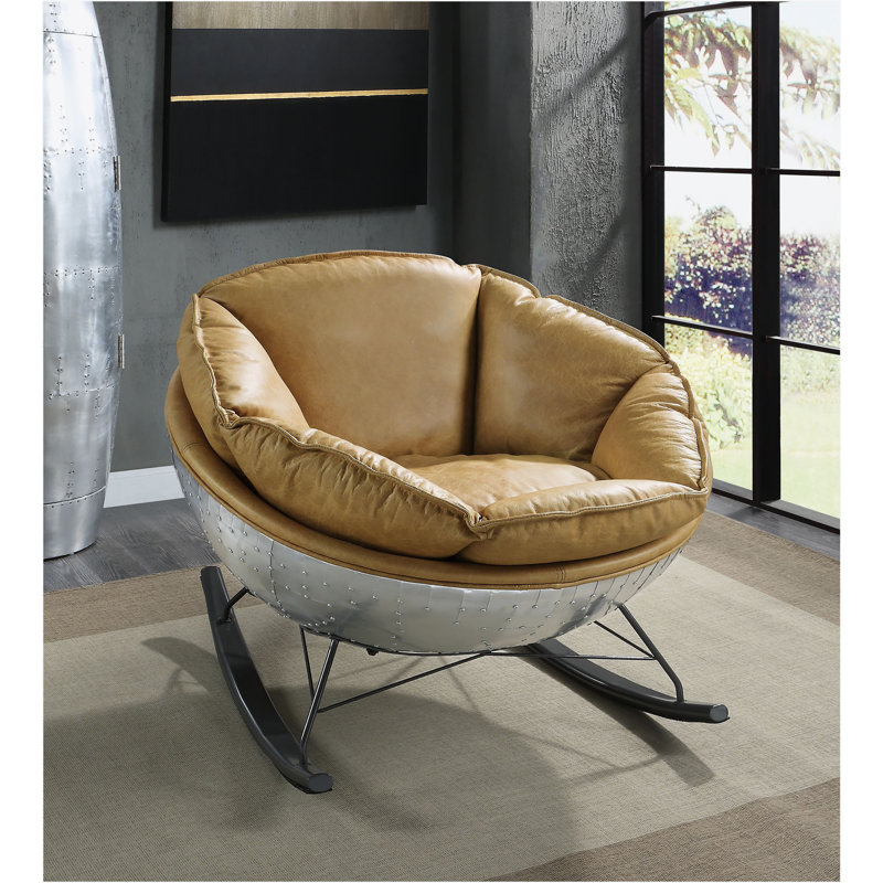 Chaise berçante en cuir jaune et argent, Brun marocain