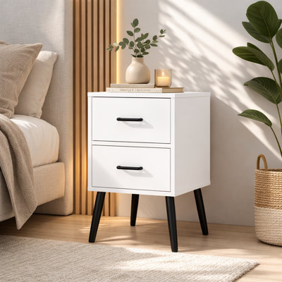Modern 2-Drawer White Nightstand With Metal Legs And Handles For Bedroom Or Living Room