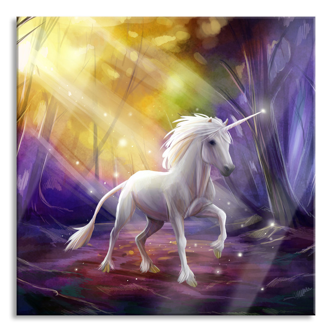 Ungerahmter Grafikdruck auf Glas "Unicorn in a Fairytale Forest"