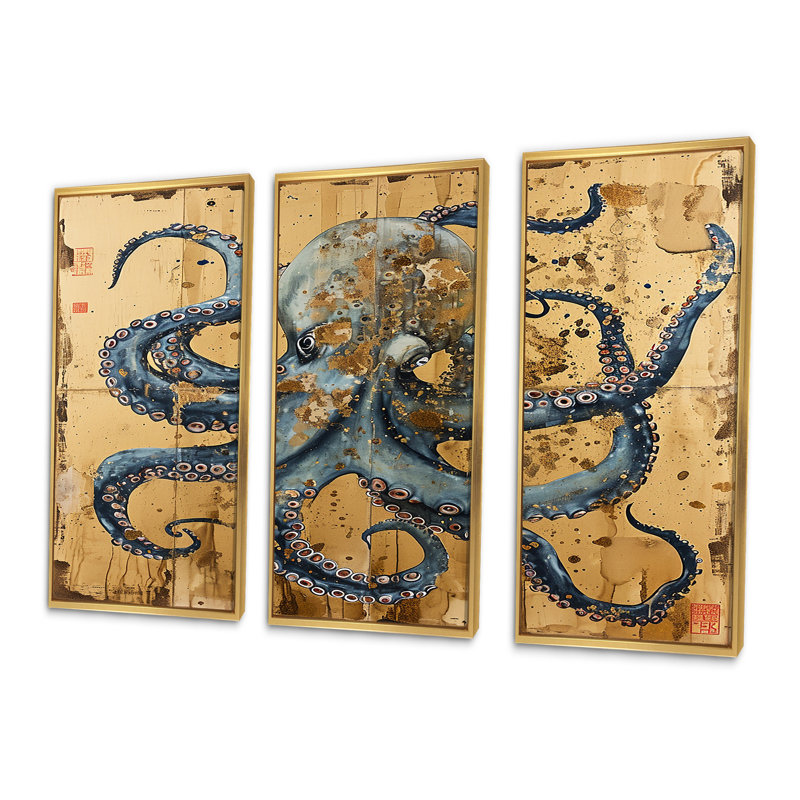 Ensemble de décoration murale Rinker - pieuvre / calmar, Cadre flottant doré, H 32 po x l 48 po x P 1 po