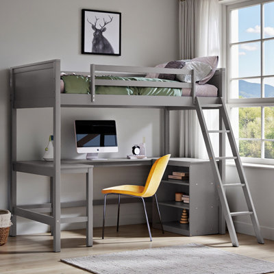 Twin Loft Bed, U-Shaped Study Desk, Wood, Integrated Shelves & Full-Length Guardrails, Contemporary, Kids & Teens Room
