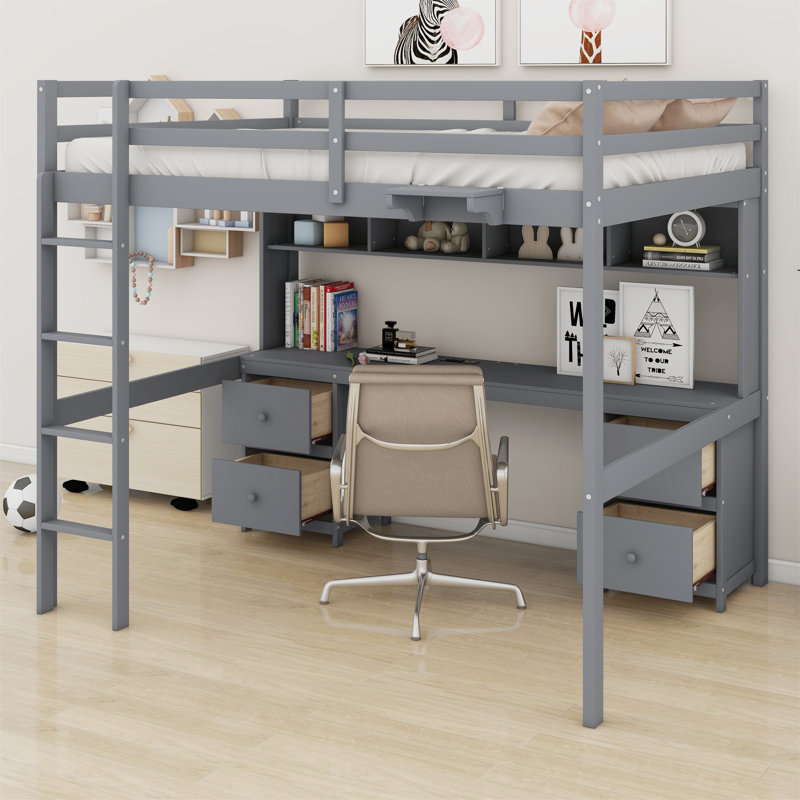 Loft Bed With Desk,Cabinets,Drawers And Bedside Tray,Charging Station, Gray