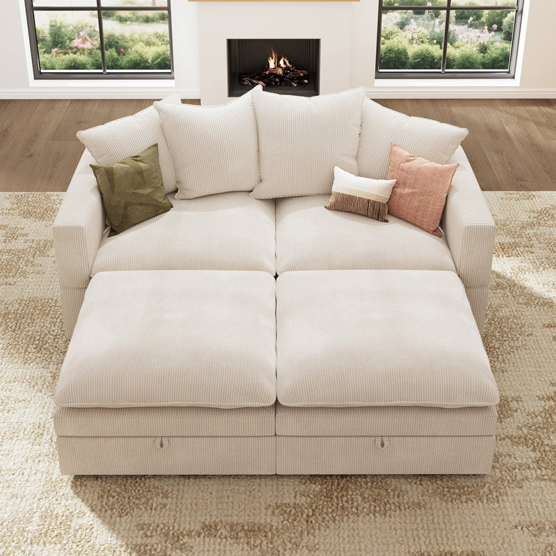 Wynter Corduroy Storage Sectional Sofa Modular Sofa Bed For Small Space, Beige Corduroy