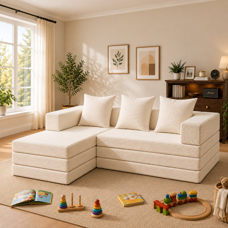 Corduroy Sofa, 19.1" H x 65" W x 42" D, Beige