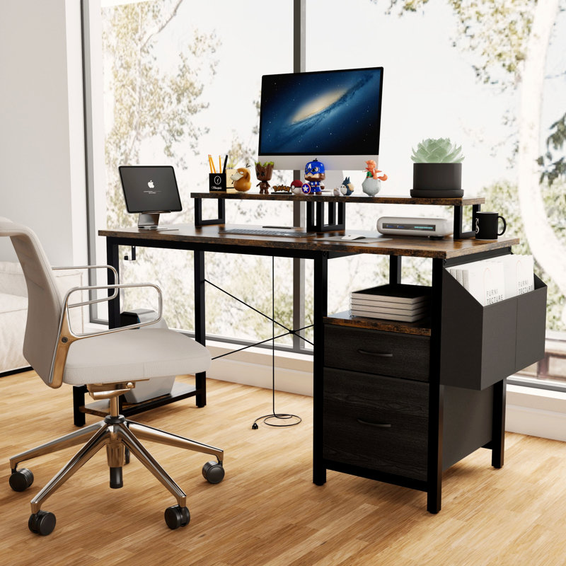 Bureau d'ordinateur avec tiroir et prises de courant, bureau avec 2 supports pour écran, table de jeu avec tablettes