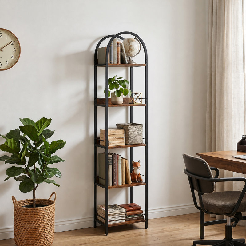Bibliothèque arquée à 5 niveaux avec tablettes ouvertes, brun rustique, H 69,5 po x l 15,7 po x P 11,8 po