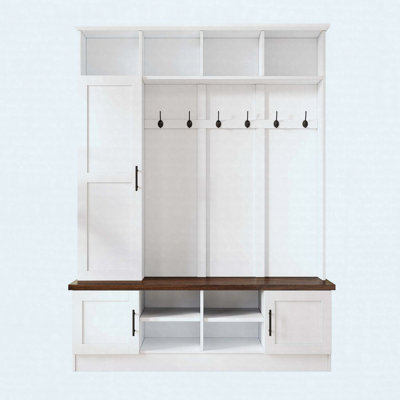 55" Farmhouse Hall Tree with Storage Bench, Adjustable Shelves & 6 Hooks, White