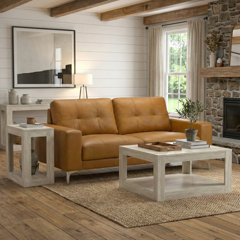 Webster Genuine Leather 3-Piece Living Room Set, Orange