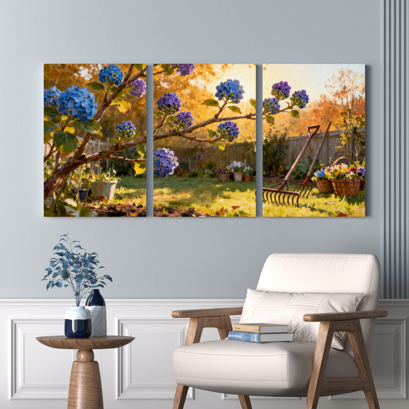 Hydrangea Garden Scene, reproduction d'art sur toile tendue sur toile (ensemble de 3), H 24 po x l 48 po