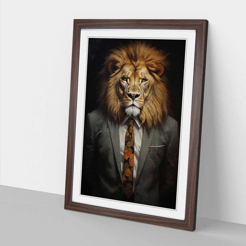 Lion In A Suit - Single Picture Frame Print on Wood, Walnut, 46cm H x 34cm W x 2cm D