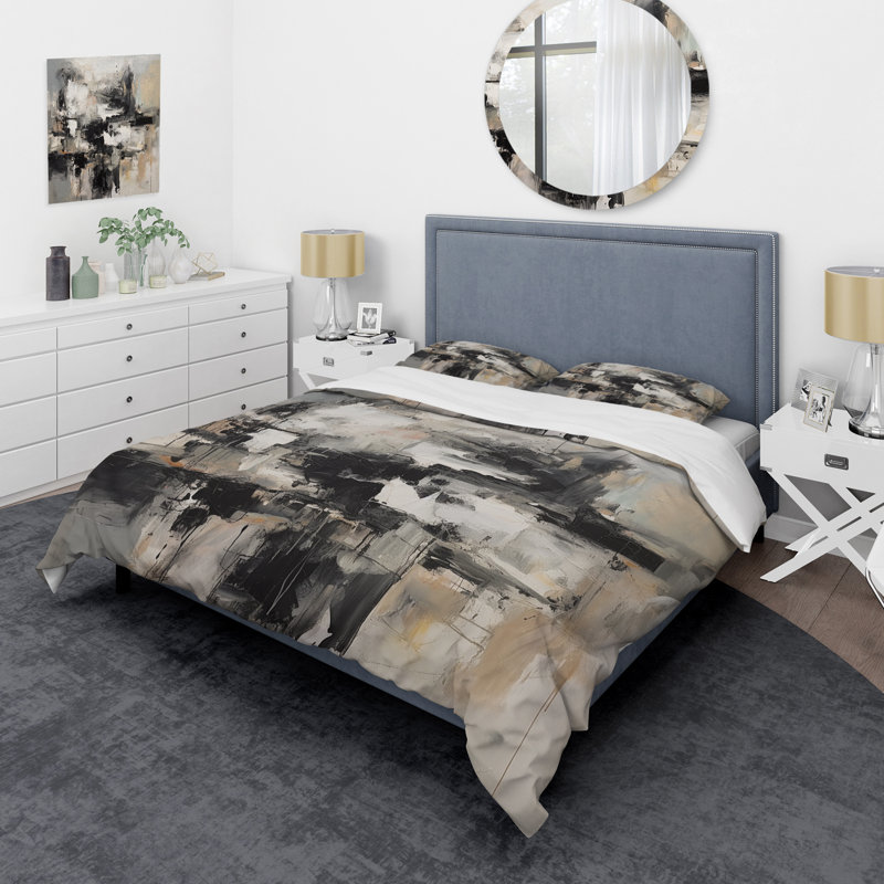 Ensemble de housse de couette abstrait gris et noir Inner Worlds of Marble II - microfibre de polyester