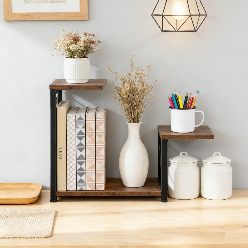 Organisateur de tablette de bureau à 3 niveaux et rehausse de rangement avec pieds réglables, grain de bois rustique pour les accessoires de bureau, de maison et d'espace de travail