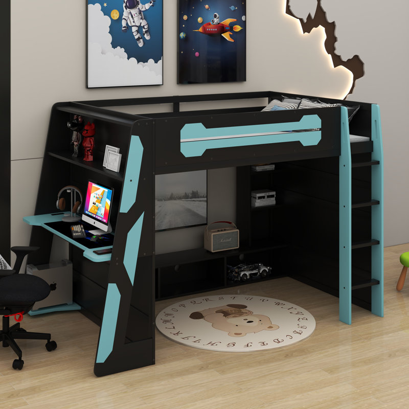 Lit mezzanine double en bois avec bureau, tablettes multiples et lumière RVB, Bleu nuage