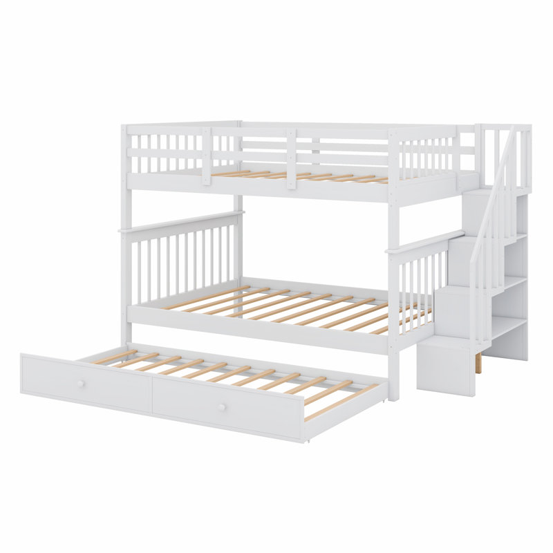 Lit superposé à escalier avec lit gigogne, rangement et garde-corps, Blanc