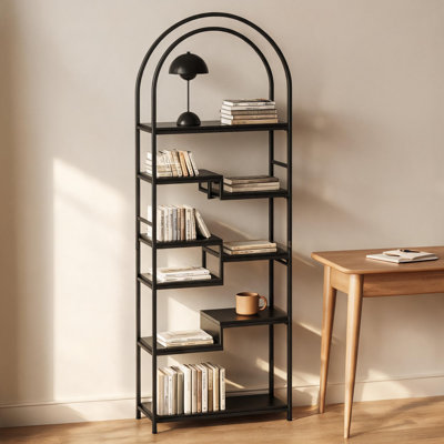 Bibliothèque industrielle arquée en métal - Tablette de rangement décorative moderne et peu encombrante pour la maison ou le bureau - Conception courbée robuste - Noir 60 po