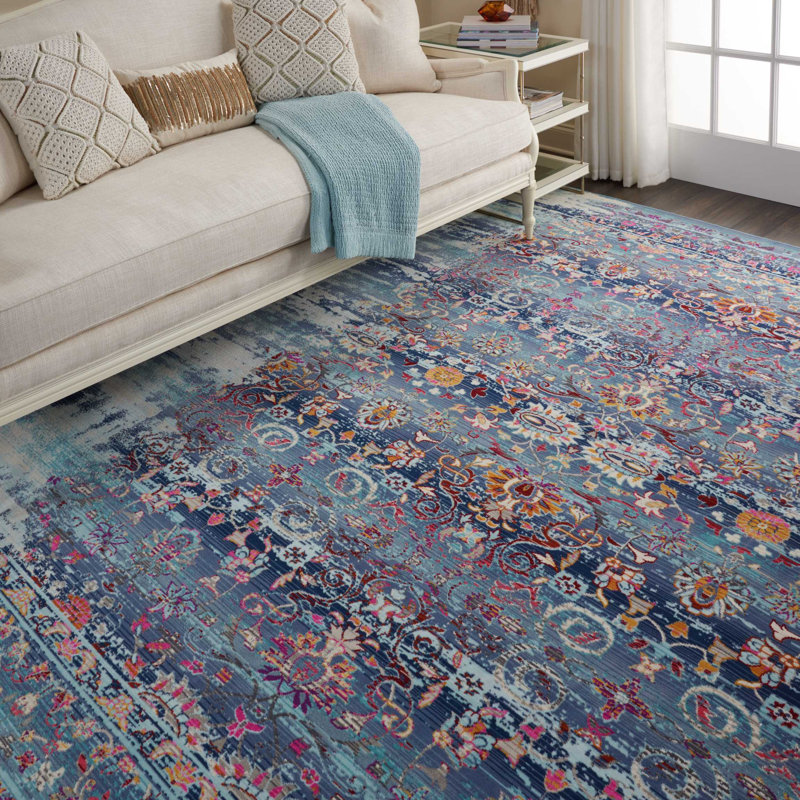 Tapis bleu traditionnel Karey, Rectangle 8 pi 10 po x 11 pi 10 po