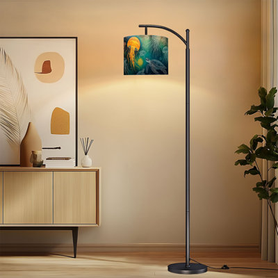 Arc Floor Lamp with Adjustable Lampshade Underwater Scene Jellyfish Turtles Neon Colors Standing Lamp 3 Color Temperatures Dimmable Tall Pole Lamp with Foot Switch for Bedroom