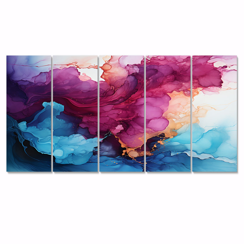 Art mural liquide, nuages magiques mauves, encre mauve 5 pièces, H 28 po x l 60 po