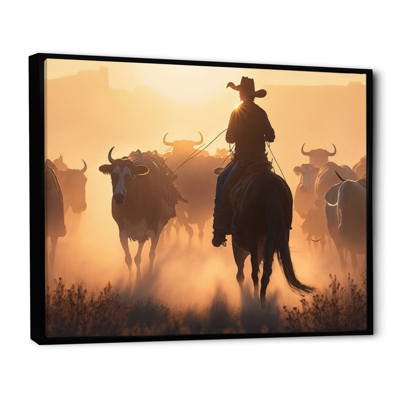 Kangs Wrangler au coucher du soleil I, H 34 po x l 44 po x P 1,5 po, Cadre flottant noir