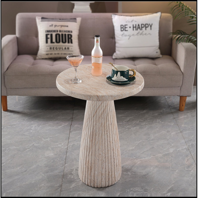 Table basse ronde à pied cannelé, plateau en oxyde de magnésium imitation travertin, pour intérieur et extérieur, diamètre 17,91 cm x hauteur 24,02 cm