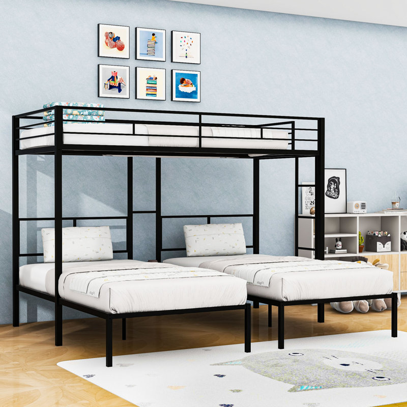 Twin Over Twin & Twin L-Shaped Triple Bunk Bed With Built-In Side Table, Ladder & Guardrails