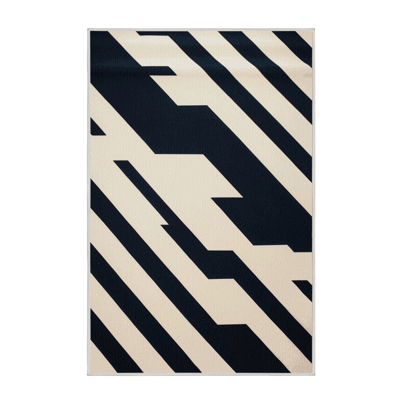  Tapis lavable rayé bleu marine crème, Rectangle 6 pi x 9 pi