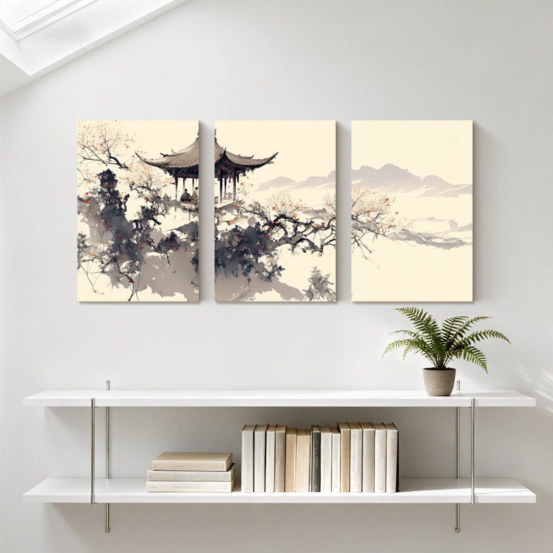 Paysage et nature, pavillon chinois traditionnel, ensemble de 3 reproductions d'art sur toile, paysage d'automne