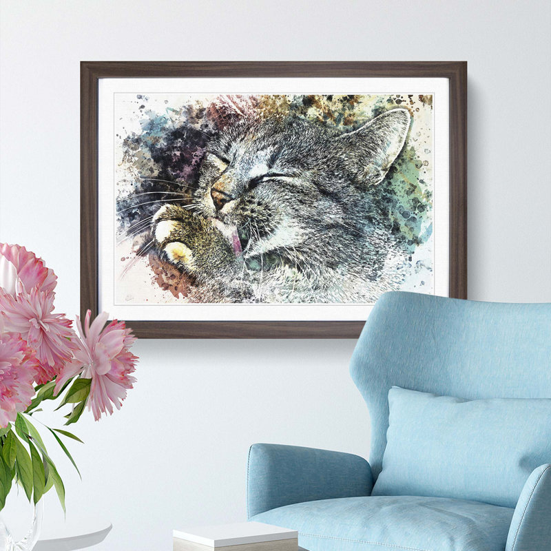 Cat Licking its Paw in Abstract - Picture Frame Graphic Art Print, 27cm H x 36cm W x 2cm D, Walnut Framed