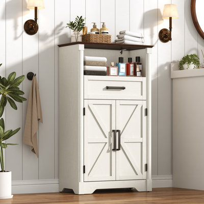 Armoire de rangement Farmhouse avec tiroir et tablettes, armoire de rangement de plancher de salle de bain avec colonne romaine, petite table de bout pour chambre à coucher avec portes de grange