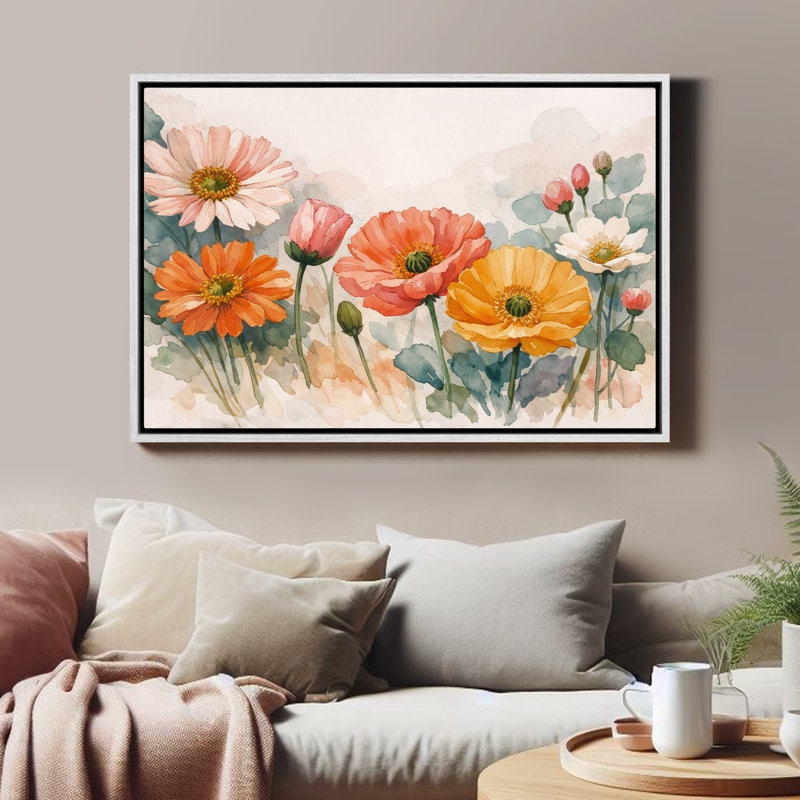 Douces fleurs de jardin dans des tons pastel chauds, art mural encadré, H 24 po x l 36 po, Blanc