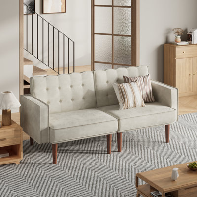 Canapé-lit futon de 71 po en velours, canapé-lit polyvalent, canapé-lit à dossier réglable, canapé futon moderne de style Mid-Century pour petit espace, salon, bureau et appartement, tissu en velours beige
