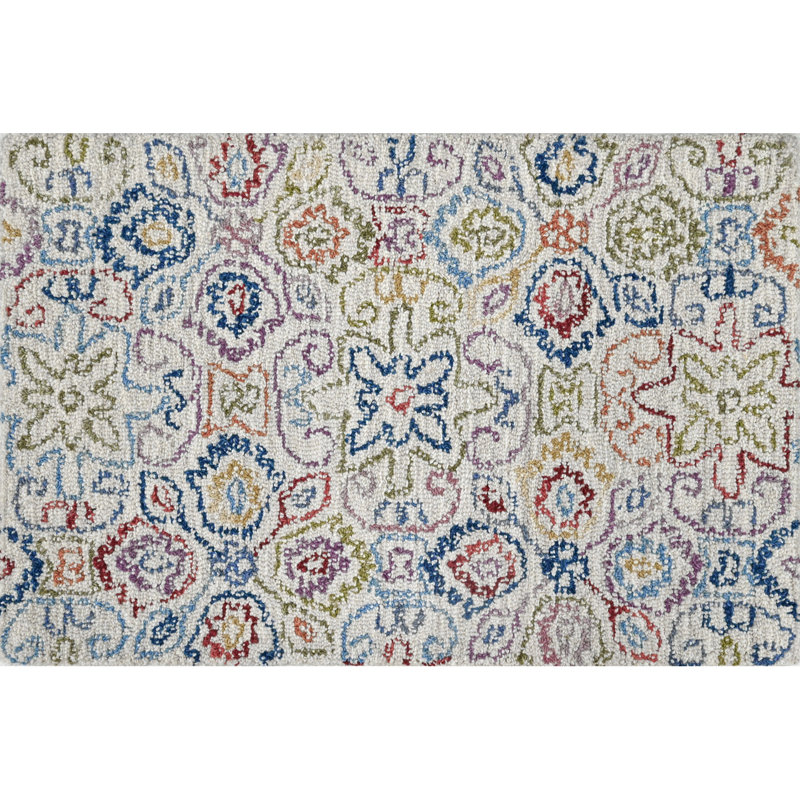 Cross Stitch Floral Hand Tufted Wool Area Rug in Cream/Blue/Red, Rectangle 2' x 3'