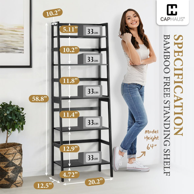5-Tier Open Storage Bamboo Ladder Shelf for Bathroom, Bedroom, Kitchen, Black, Black